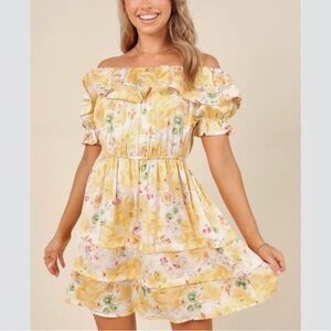 Petal & Pup Yellow Floral Off-Shoulder Mini Dress